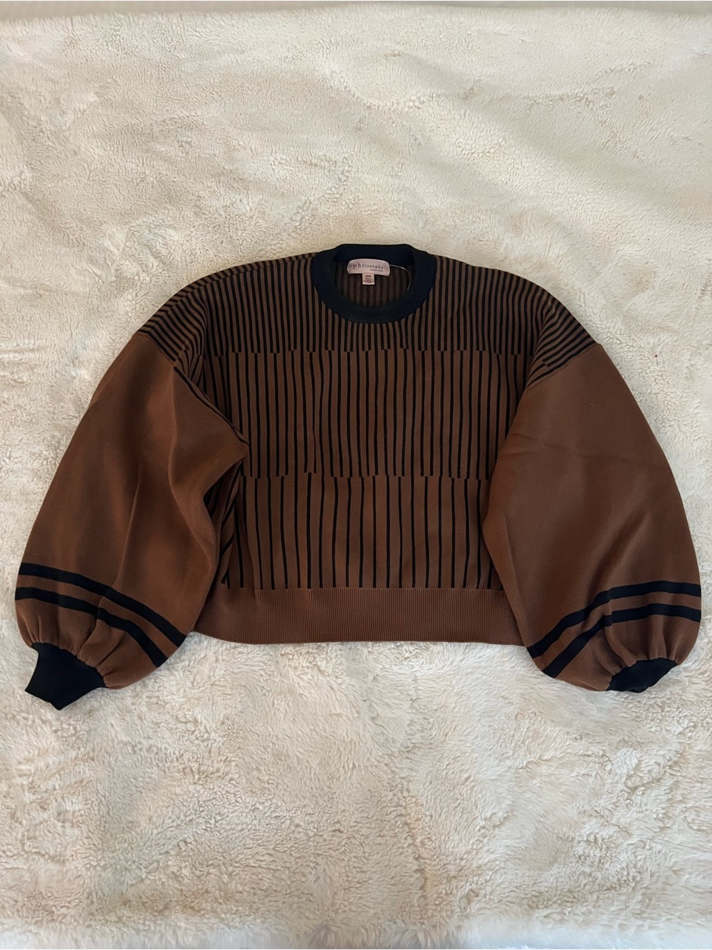 Philosophy Brown Crewneck Sweater with Black Trim and Balloon Sleeves